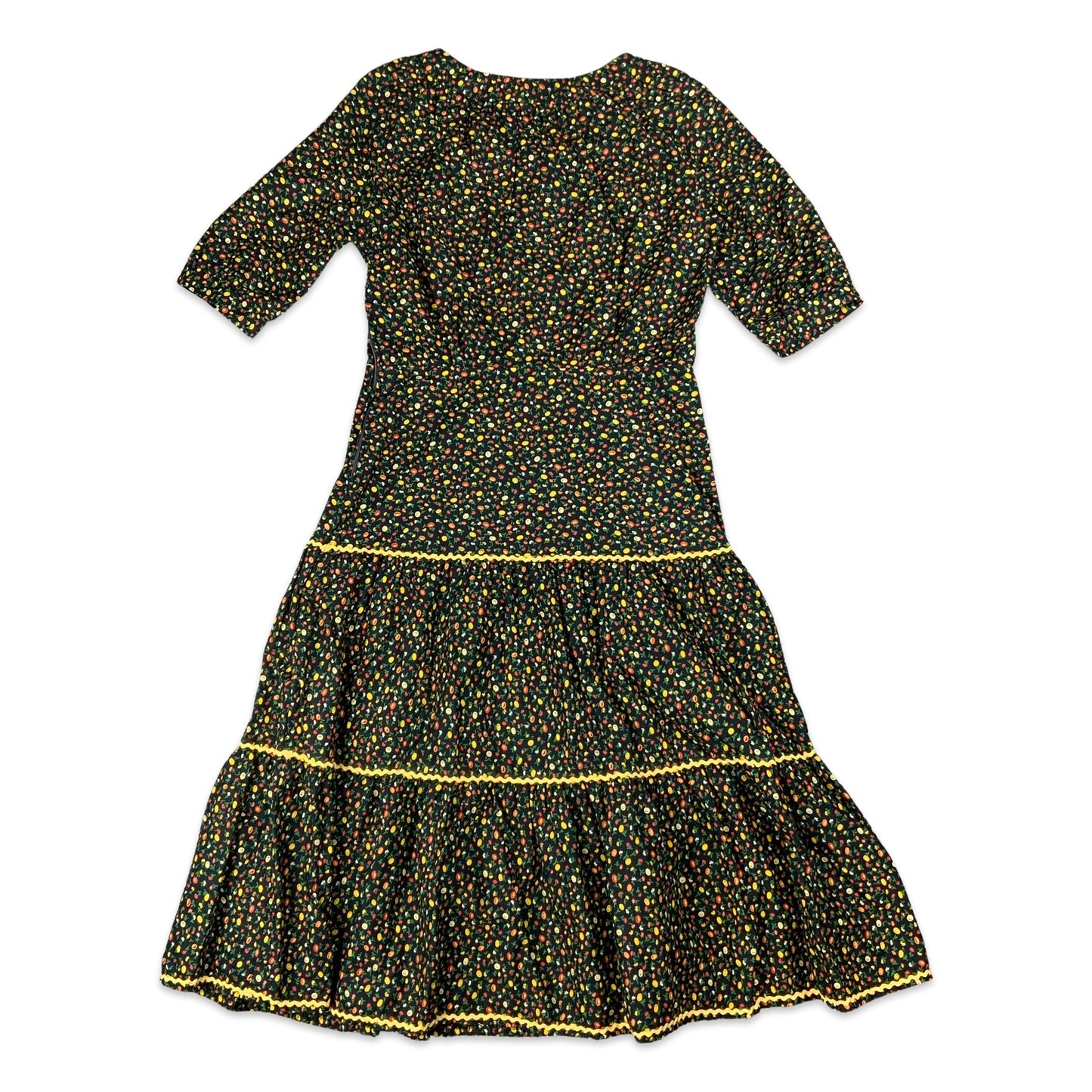 Vintage Black Yellow Floral Midi Prairie Dress 12 14