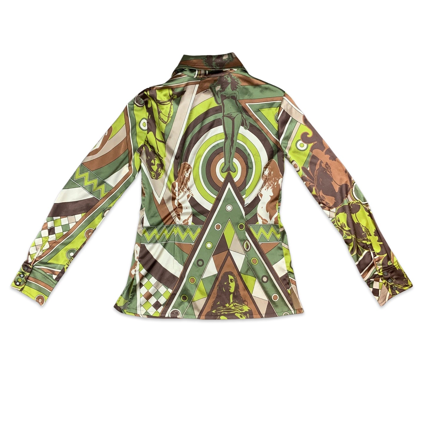 Vintage Green & Brown Psychedelic Novelty Print Satin Blouse 8 10