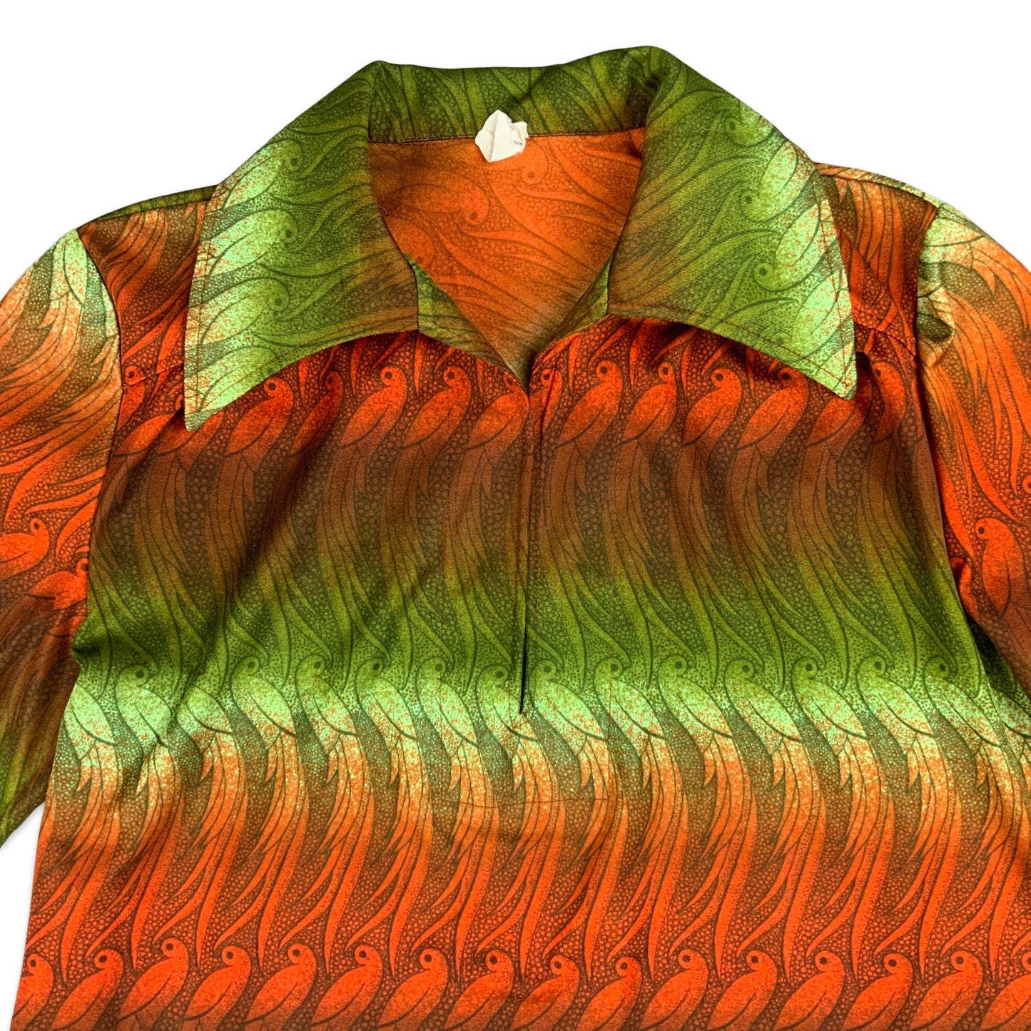 Vintage 70s Green & Orange Bird Novelty Print Tunic Blouse 12 14