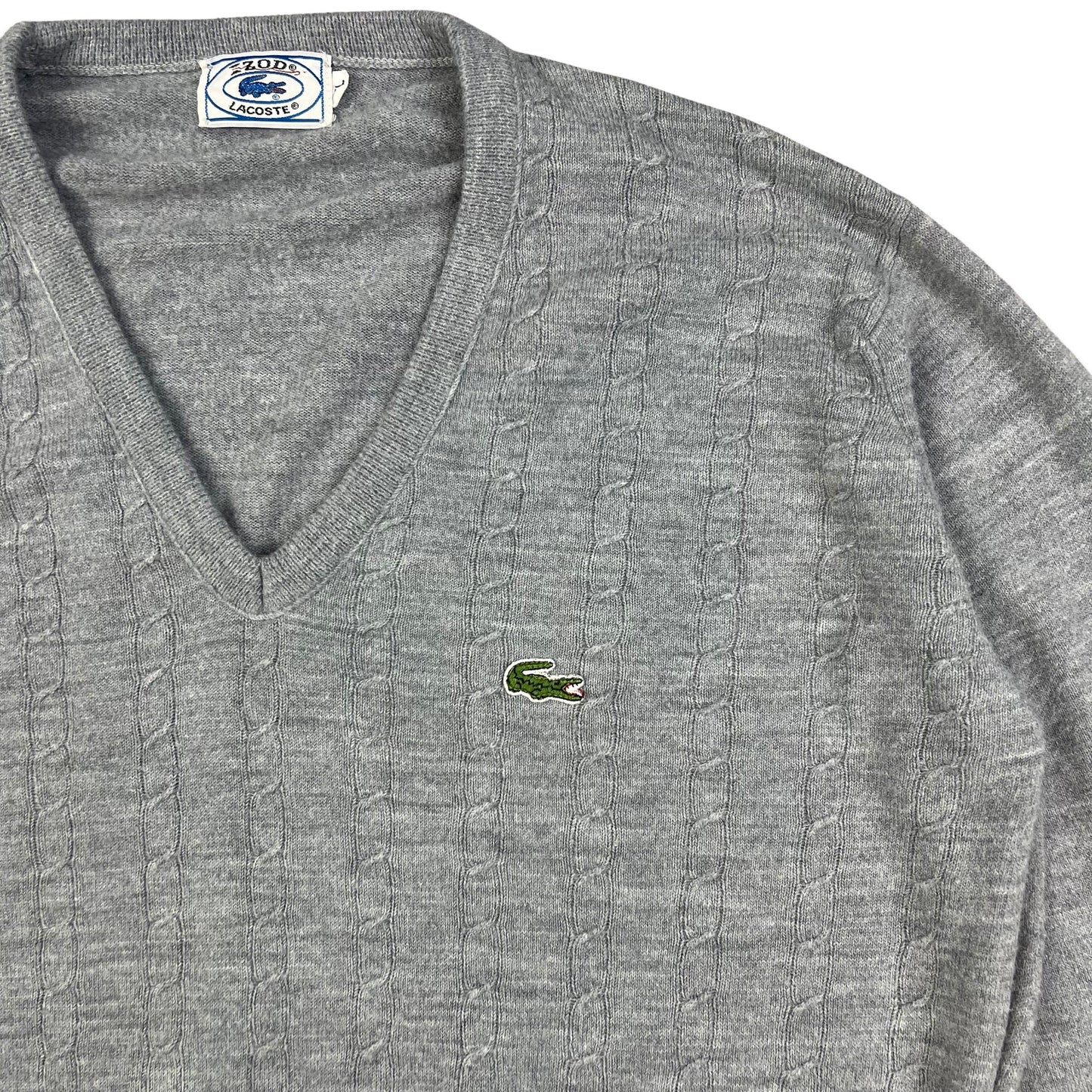 80s Vintage Lacoste Cable Knit Jumper Grey M L