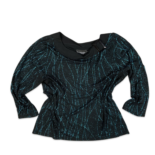 VTG Blue Black Metallic Shimmer 3/4 Sleeve Disco Top 10 12 14