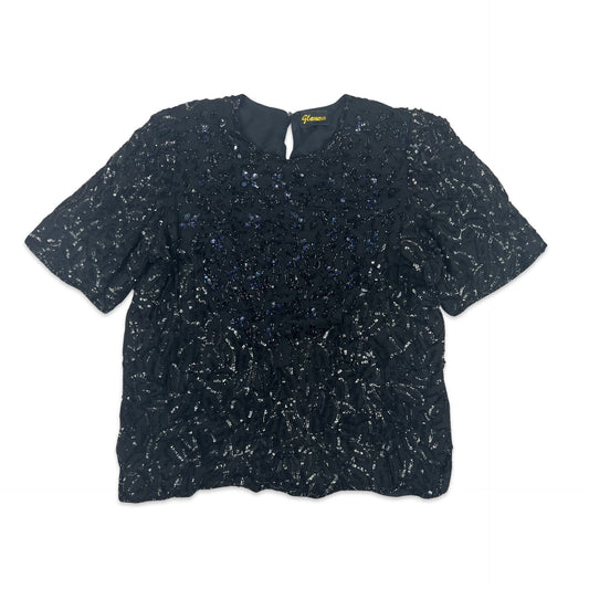 Vintage 80s Boxy Oversized Sequin Blouse Black Blue 12 14