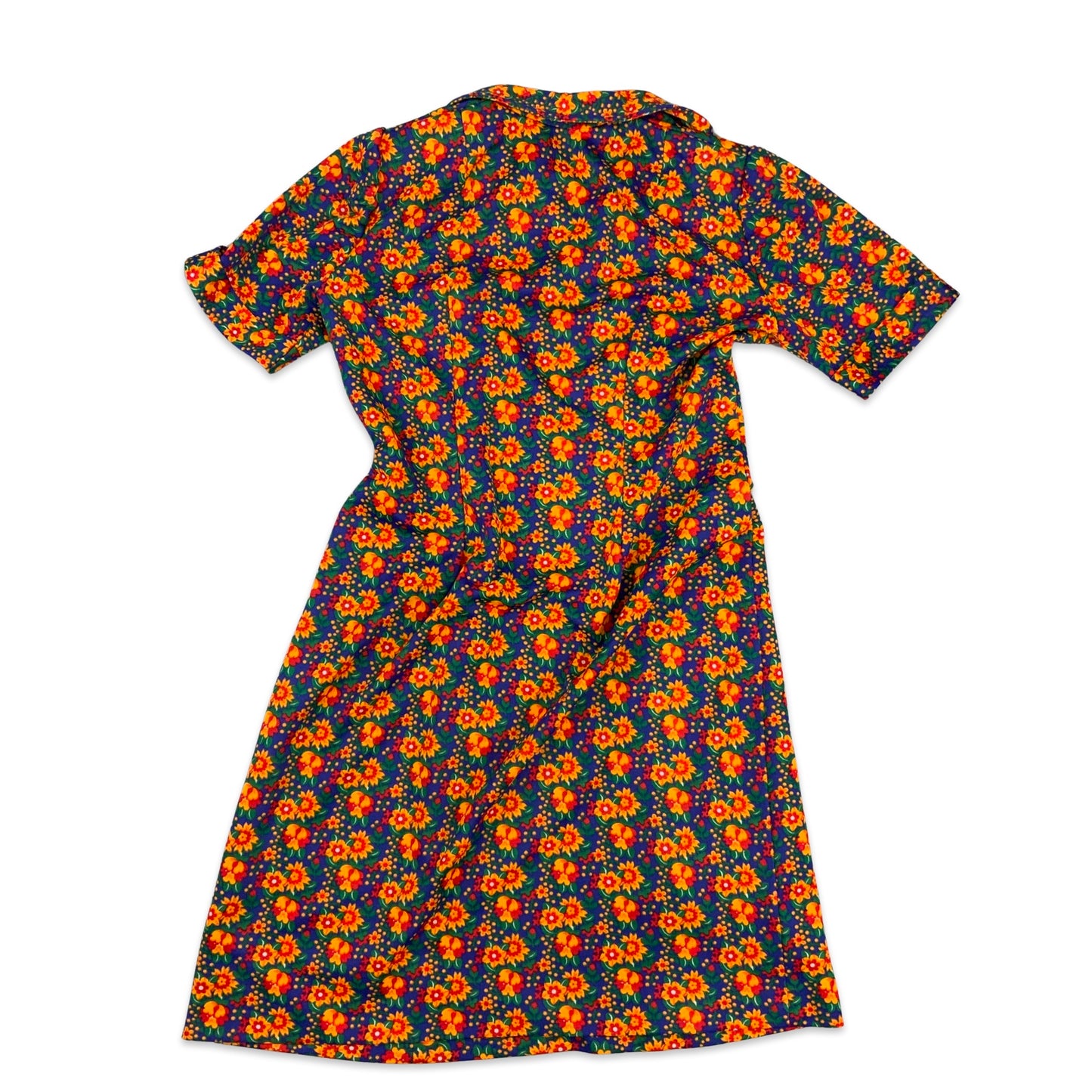 Vintage 60s 70s Floral Shift Dress Blue Orange Green 12 14 16