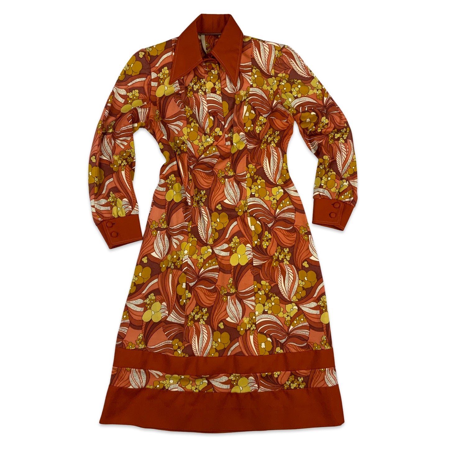 70s Vintage Floral Midi Shirt Dress Orange Brown Yellow 8 10