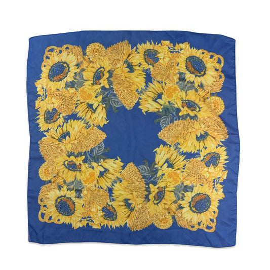 Vintage 80s Organza Blue Yellow Sunflower Print Scarf