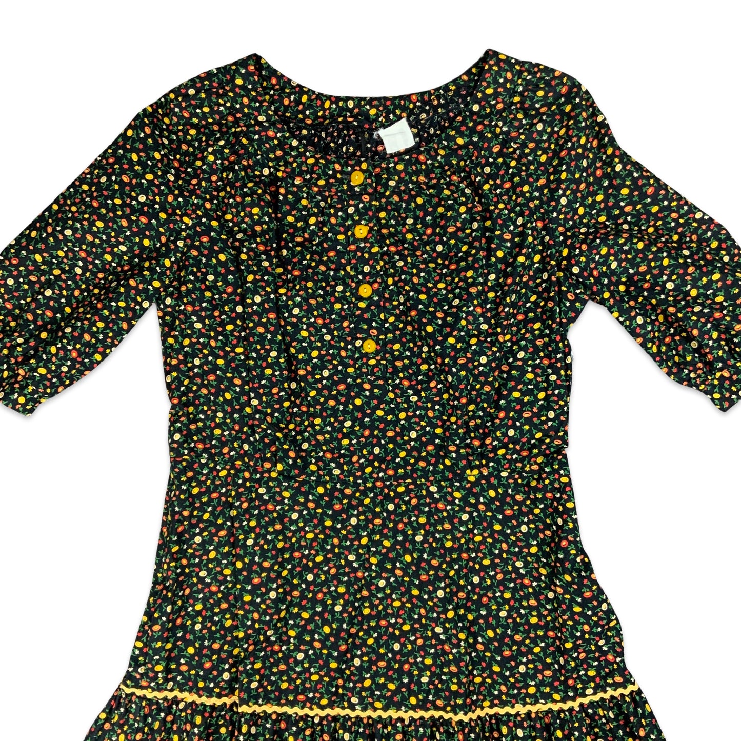 Vintage Black Yellow Floral Midi Prairie Dress 12 14