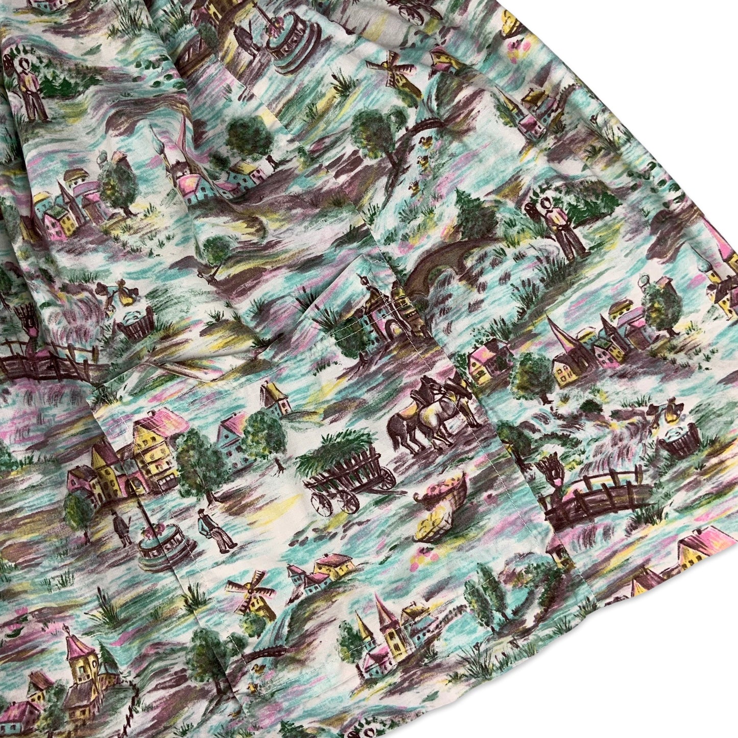 Vintage Pleated Multicolour Village Print Skirt 10