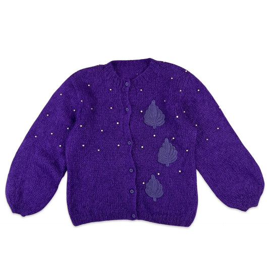 Vintage Mohair Cardigan Embroidered Pearl Purple 12 14 16