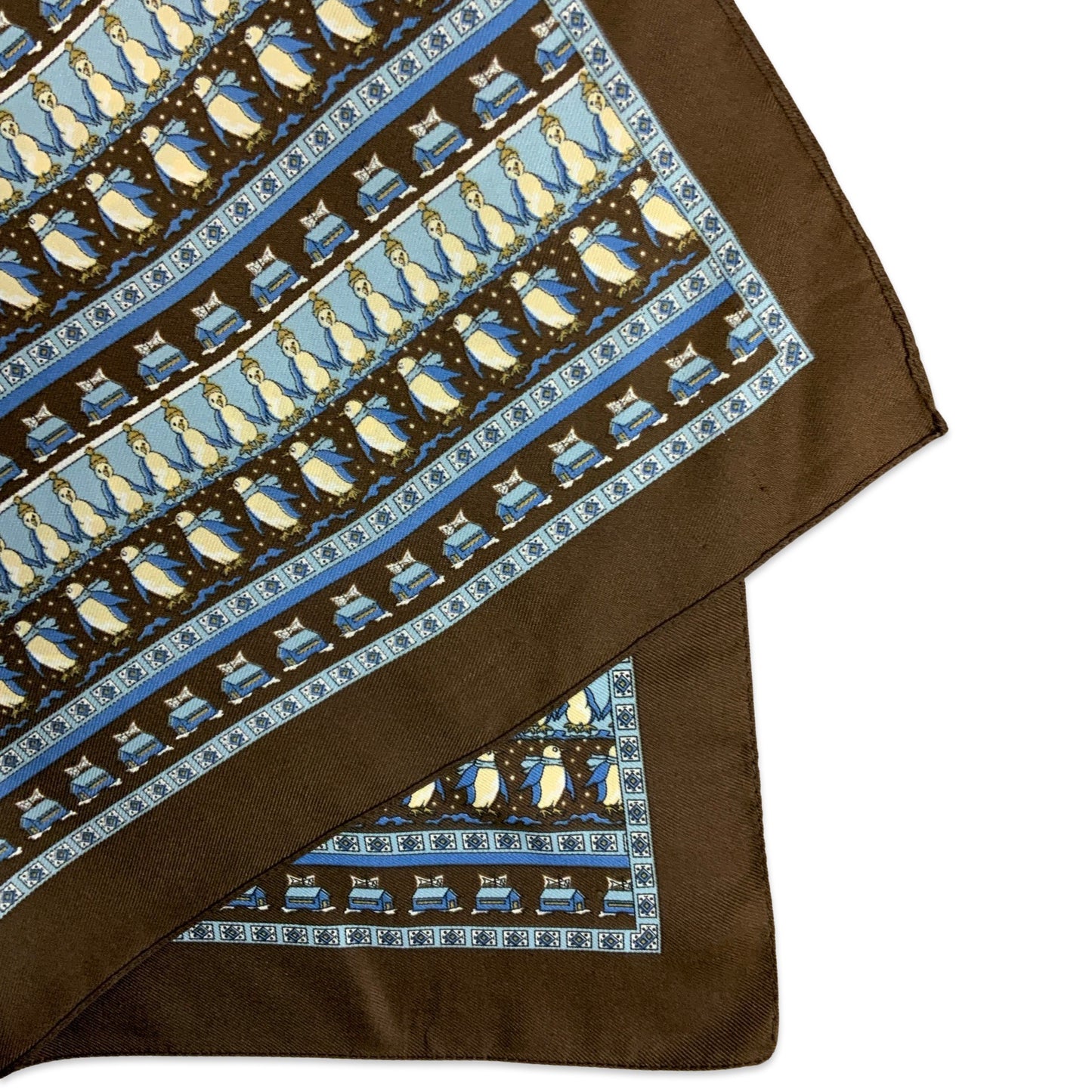 Vintage Brown Blue Winter Penguin Print Scarf