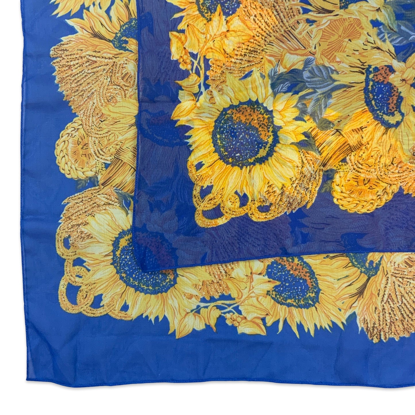 Vintage 80s Organza Blue Yellow Sunflower Print Scarf