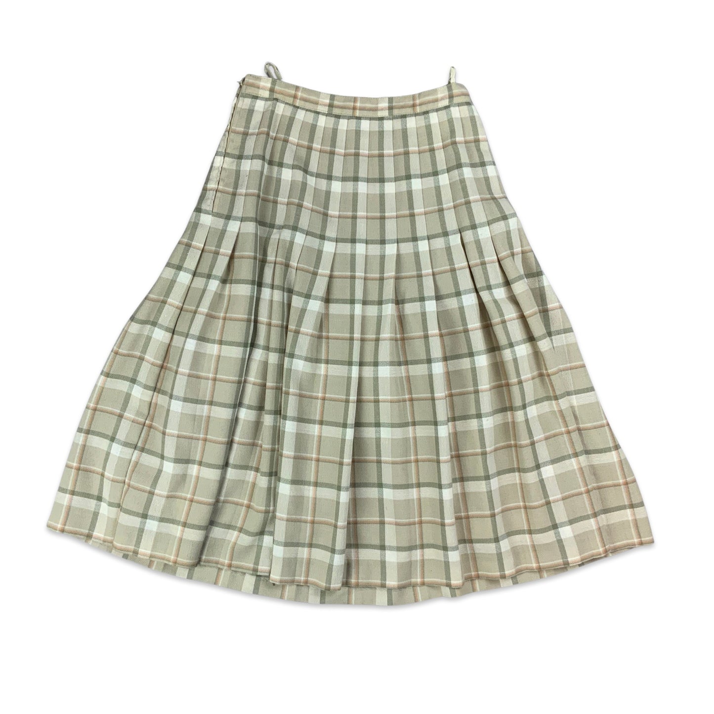 Vintage Khaki Green & Orange Check Pleated Midi Skirt 8 10