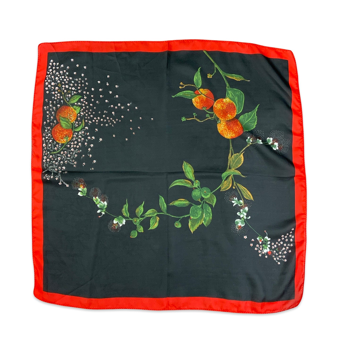 Vintage 70s Black Orange Red Green White Floral Fruit Scarf