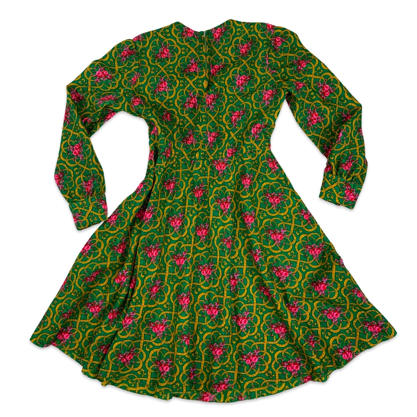 60s 70s Vintage Floral Dress Green Pink Yellow 10 12 14