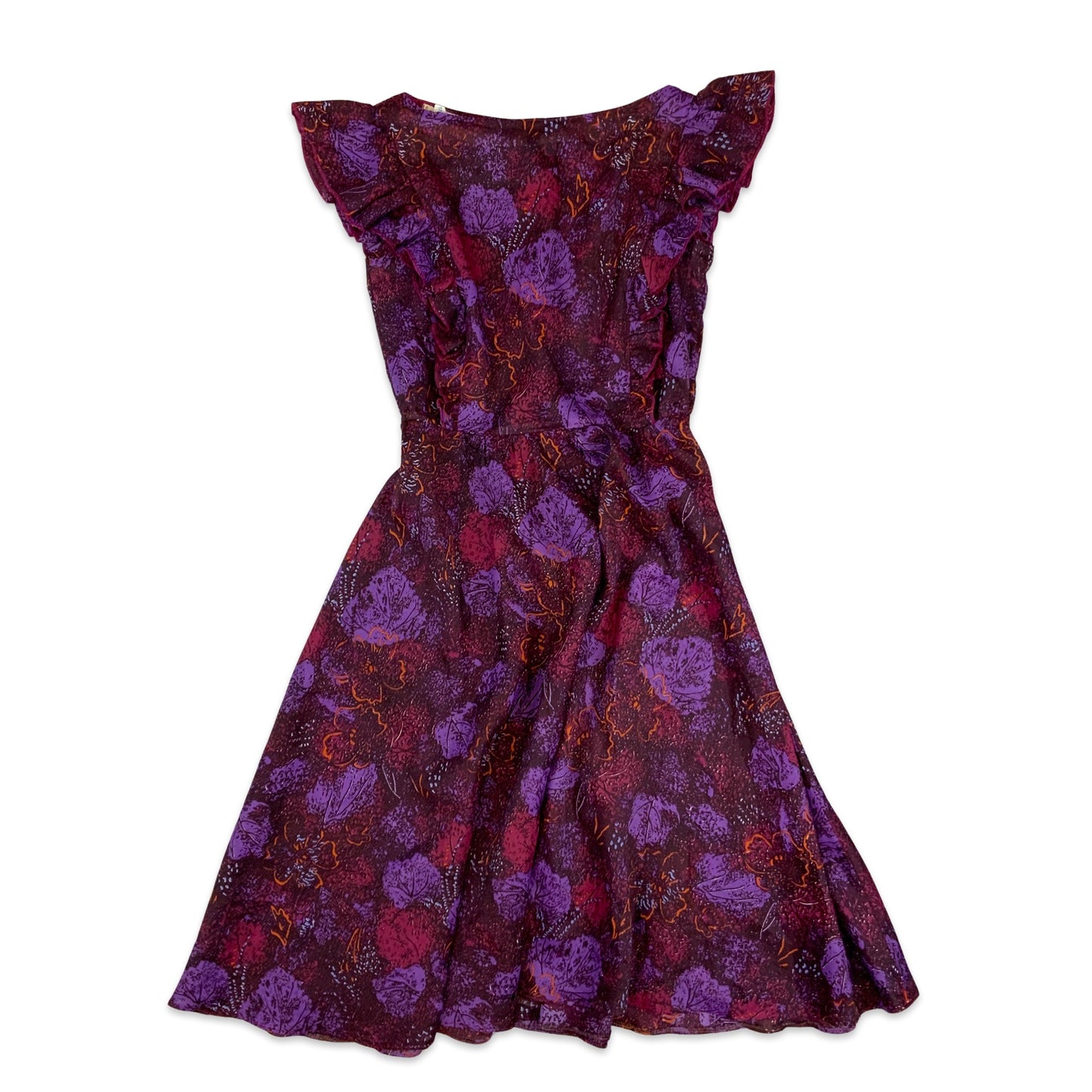 70s Vintage Floral Tea Dress Purple Orange 8 10