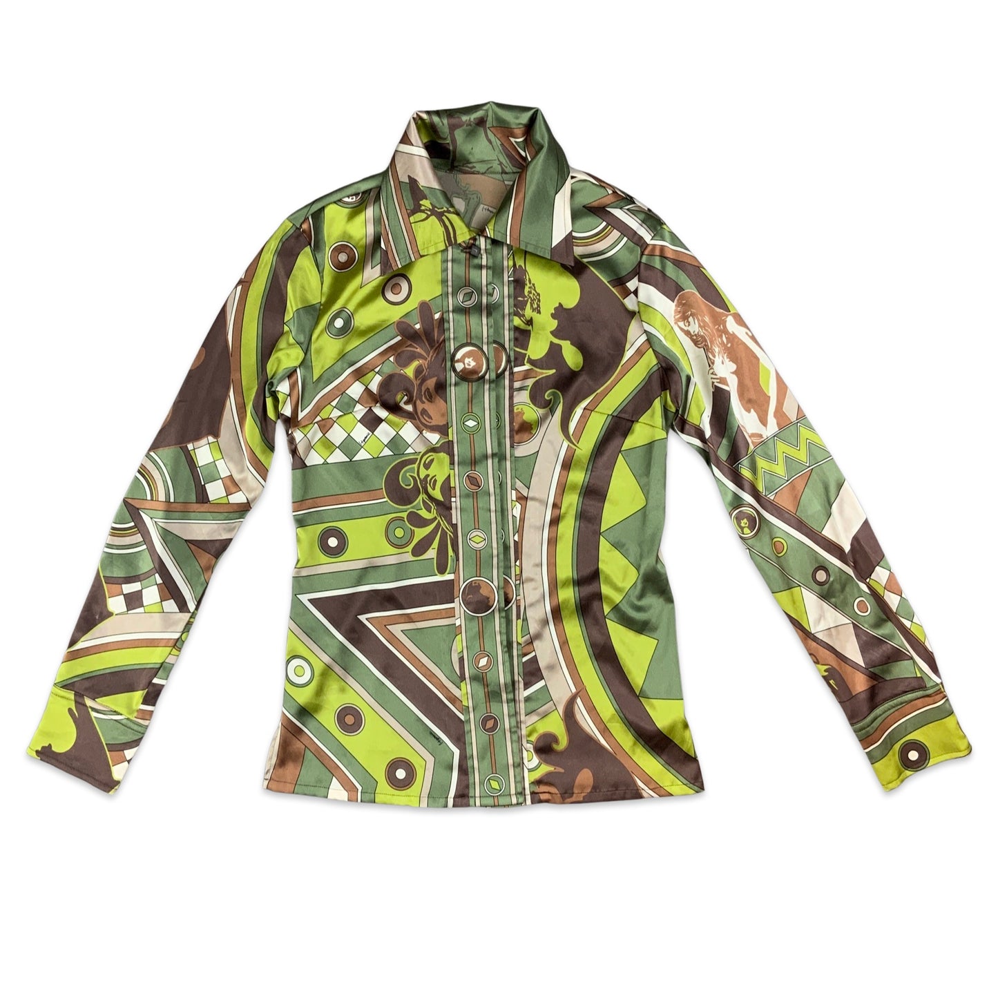 Vintage Green & Brown Psychedelic Novelty Print Satin Blouse 8 10