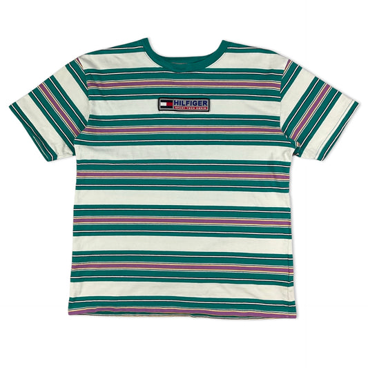 Tommy Hilfiger White Teal & Pink Striped Tee S M