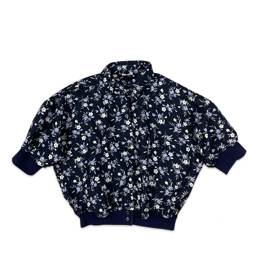 80s Vintage Navy Blue Floral Blouse 8 10