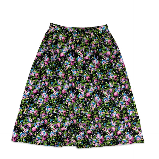 Vintage Black Green & Pink Floral Button-up A-line Skirt 4