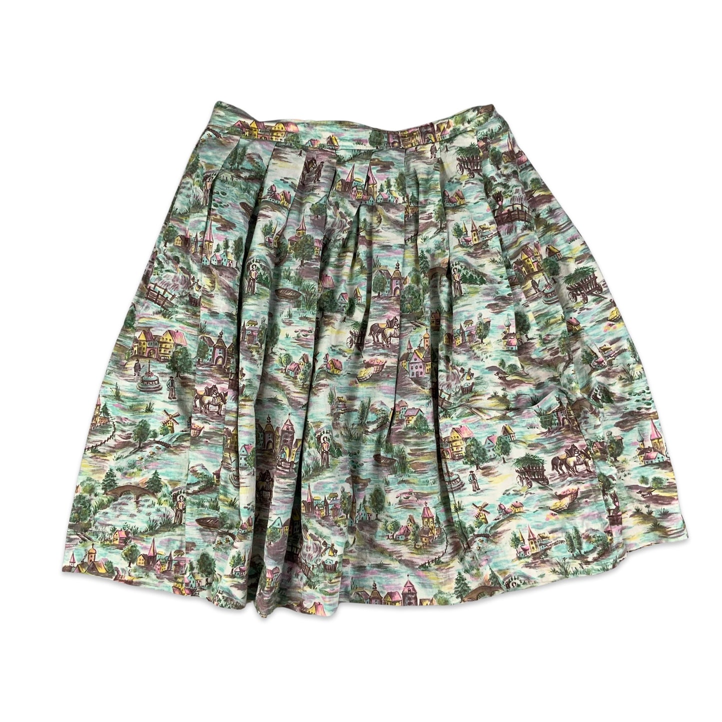 Vintage Pleated Multicolour Village Print Skirt 10