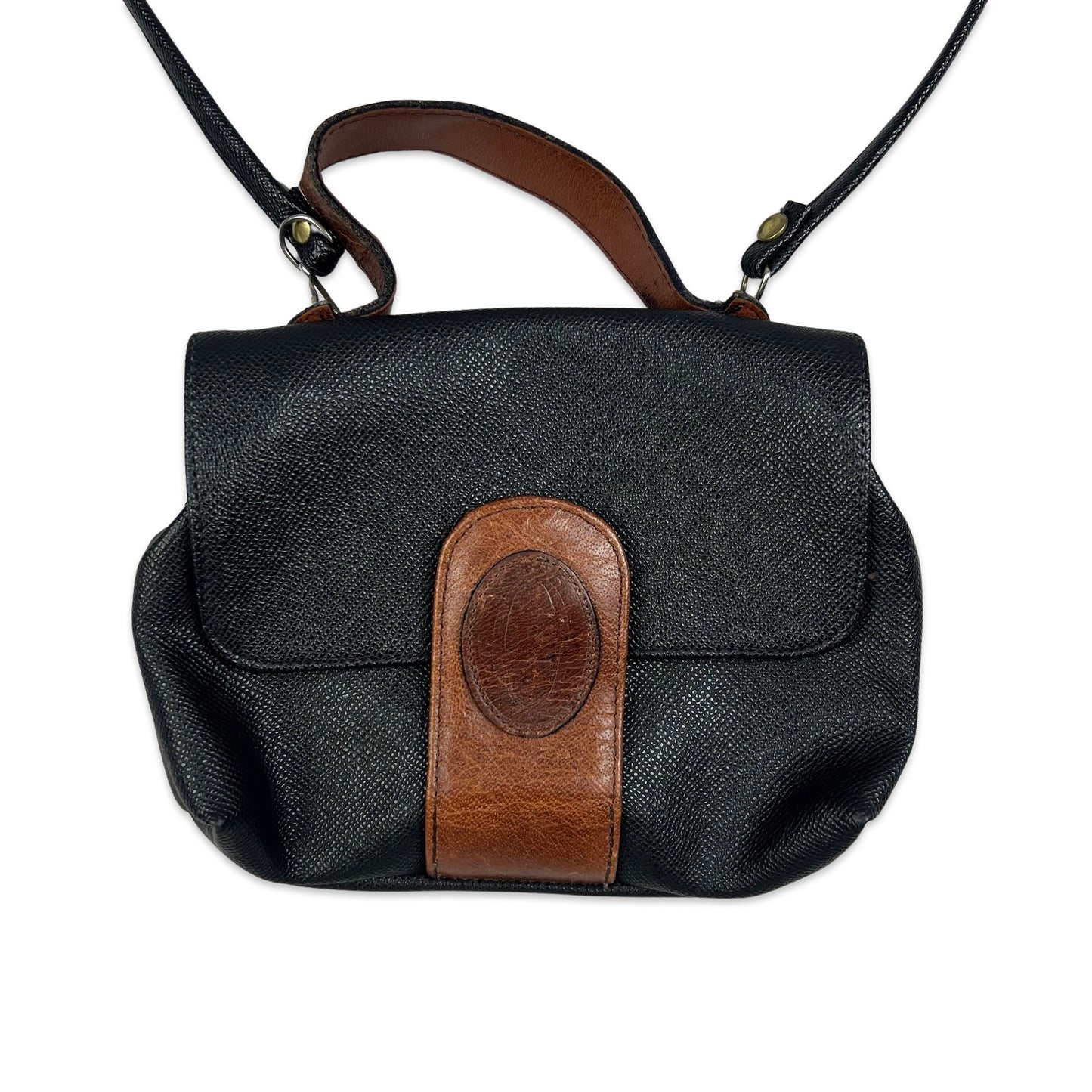 Vintage 80s Black Brown Leather Crossbody Handbag