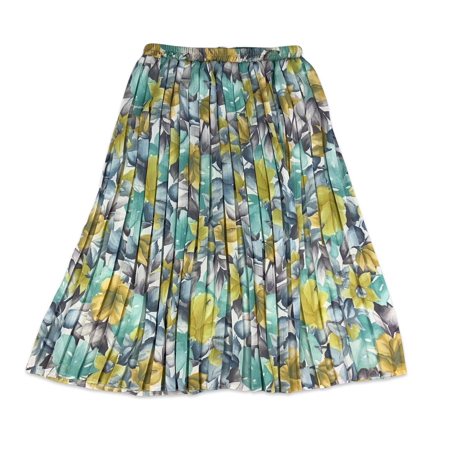 Vintage Blue & Yellow Floral Print Pleated Maxi Skirt 10 12 14 16