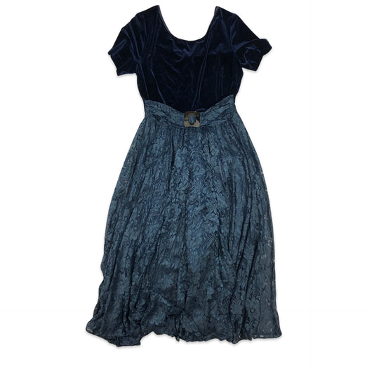 Vintage 90s Navy and Blue Velvet Lace Maxi Dress 12