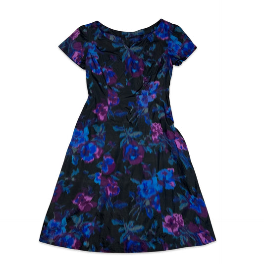 Vintage A Line Dress Abstract Print Black Purple Blue 8 10 12
