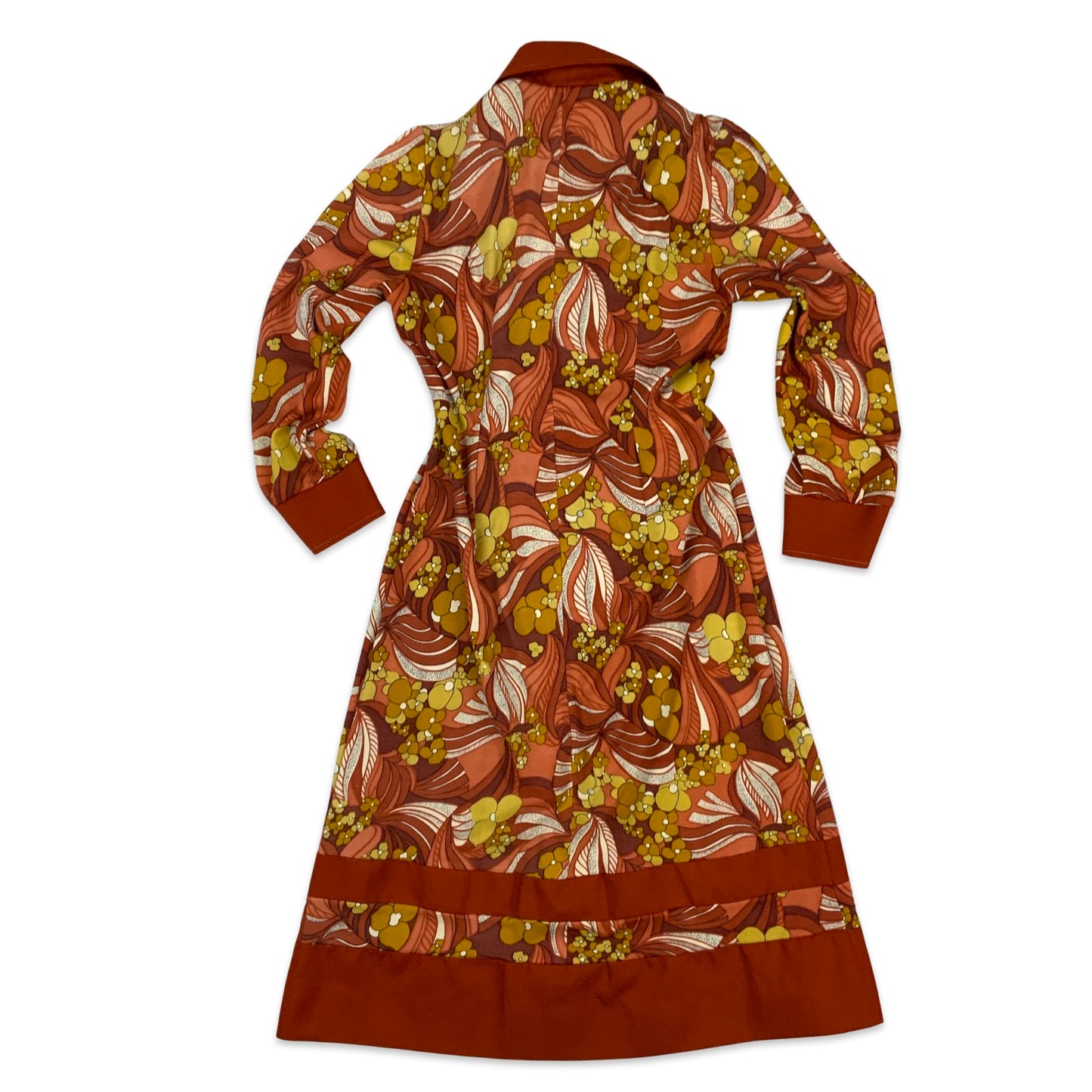 70s Vintage Floral Midi Shirt Dress Orange Brown Yellow 8 10