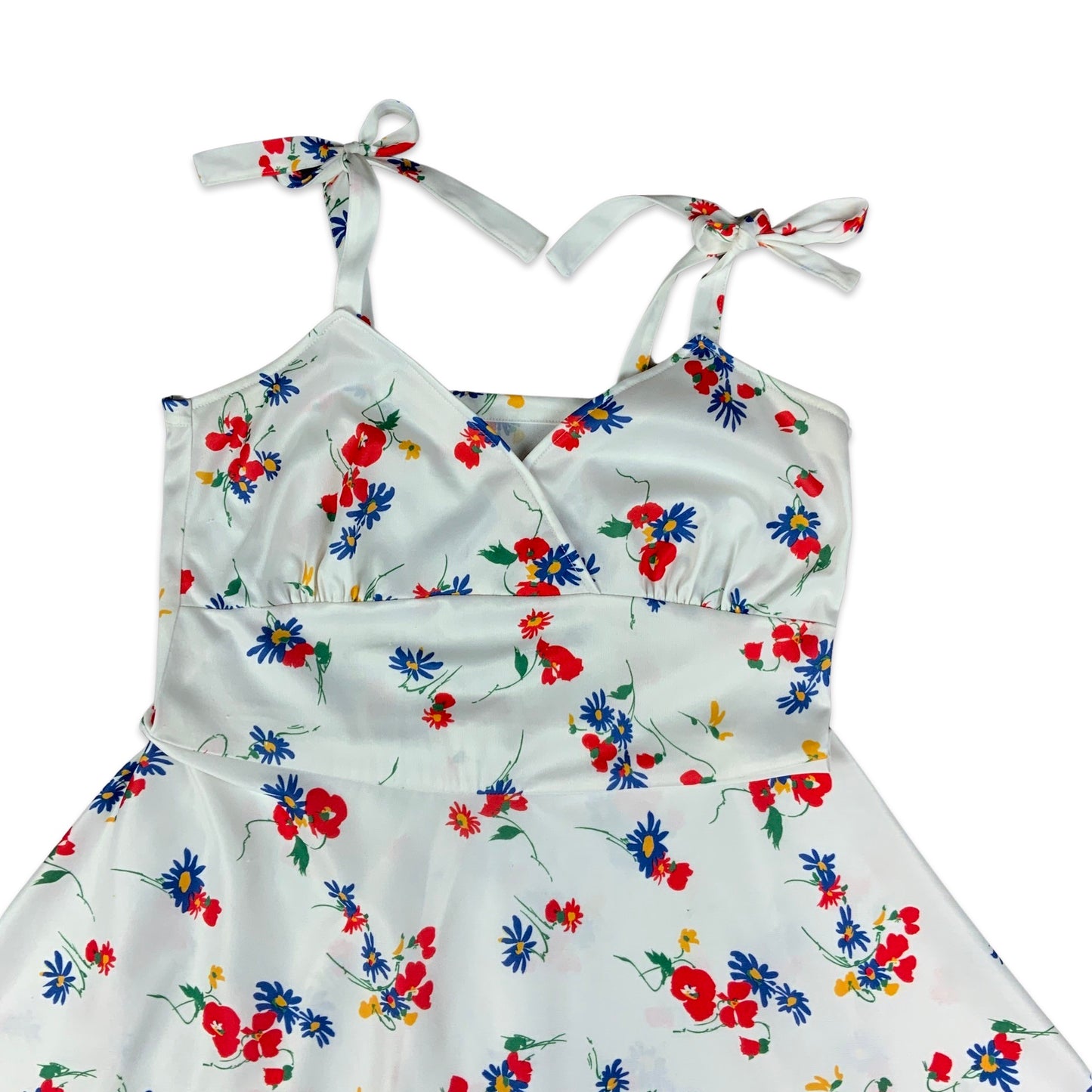 Vintage 70s White Red & Blue Floral Print Baby Doll Dress 10 12