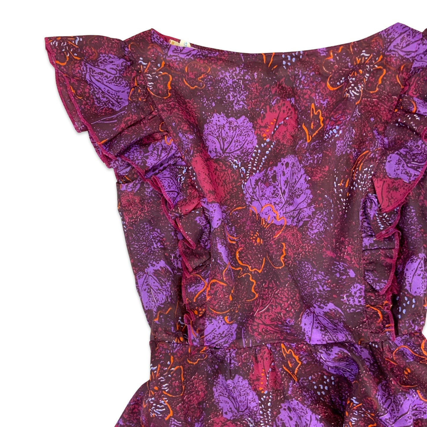 70s Vintage Floral Tea Dress Purple Orange 8 10