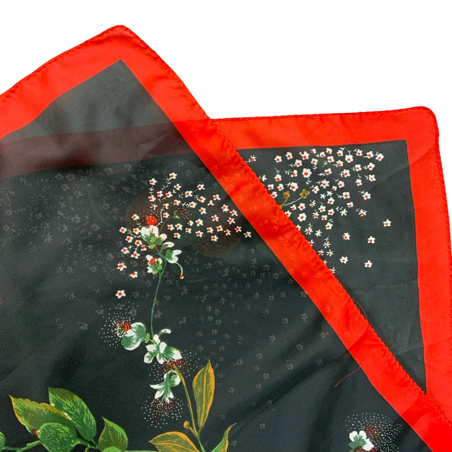 Vintage 70s Black Orange Red Green White Floral Fruit Scarf