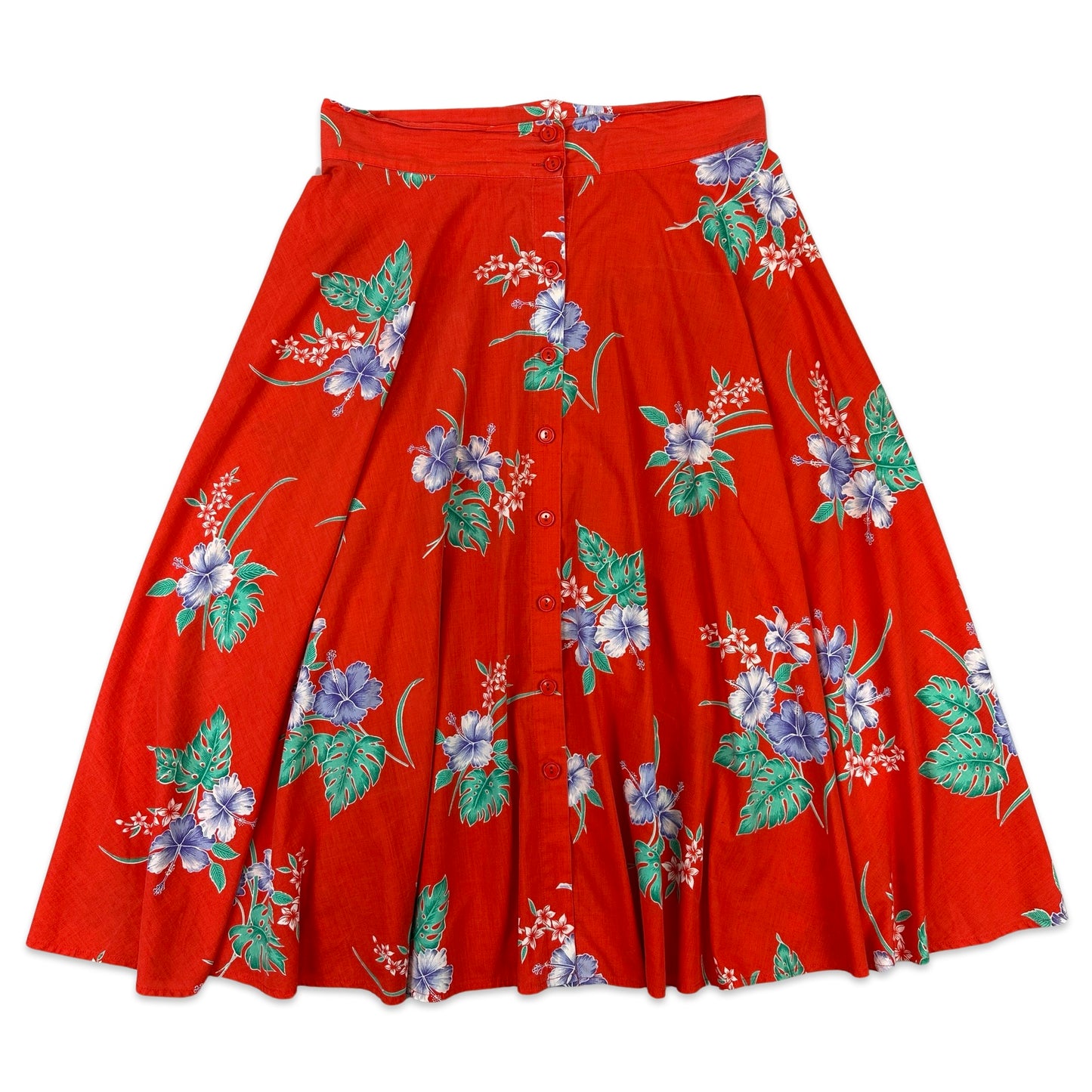 90s Vintage Red Hawaiian Floral Midi Skirt 14