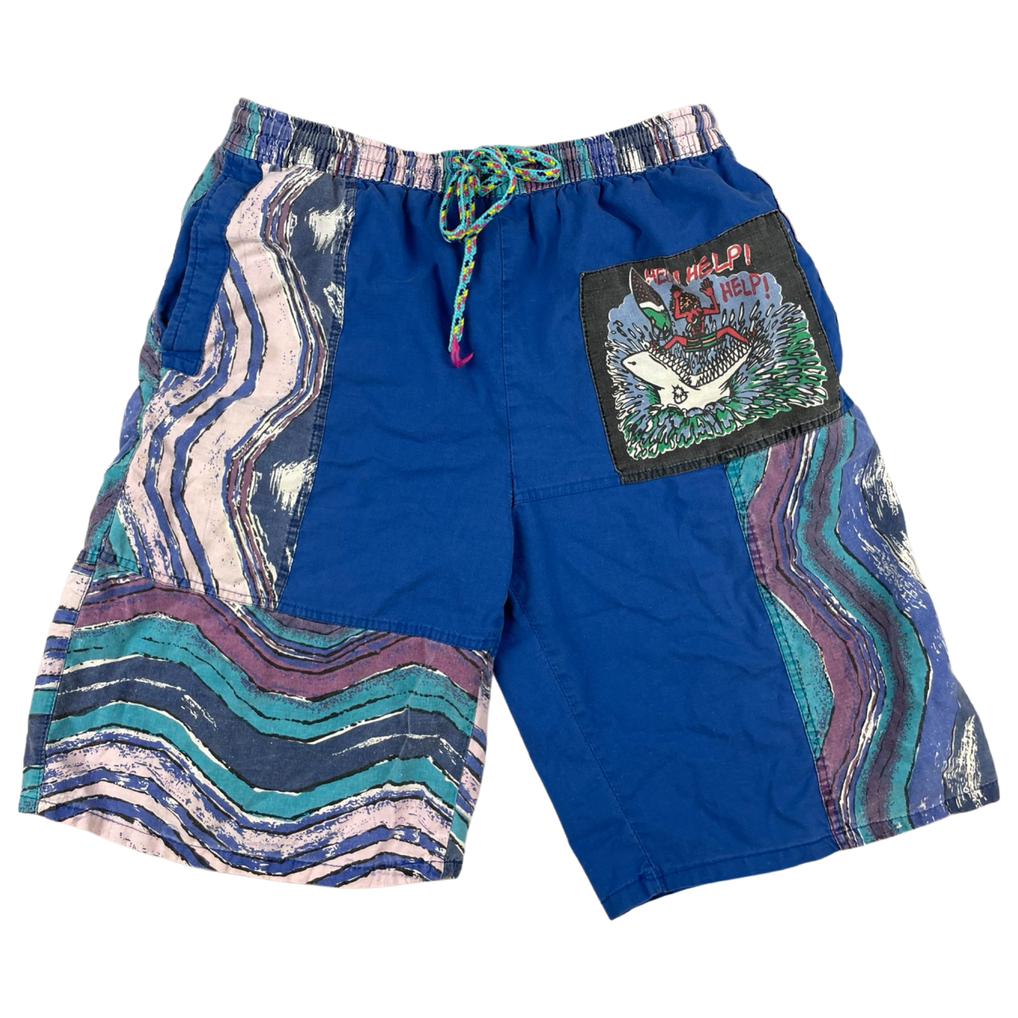 Vintage Crazy Pattern Blue Waves Cotton Shorts M