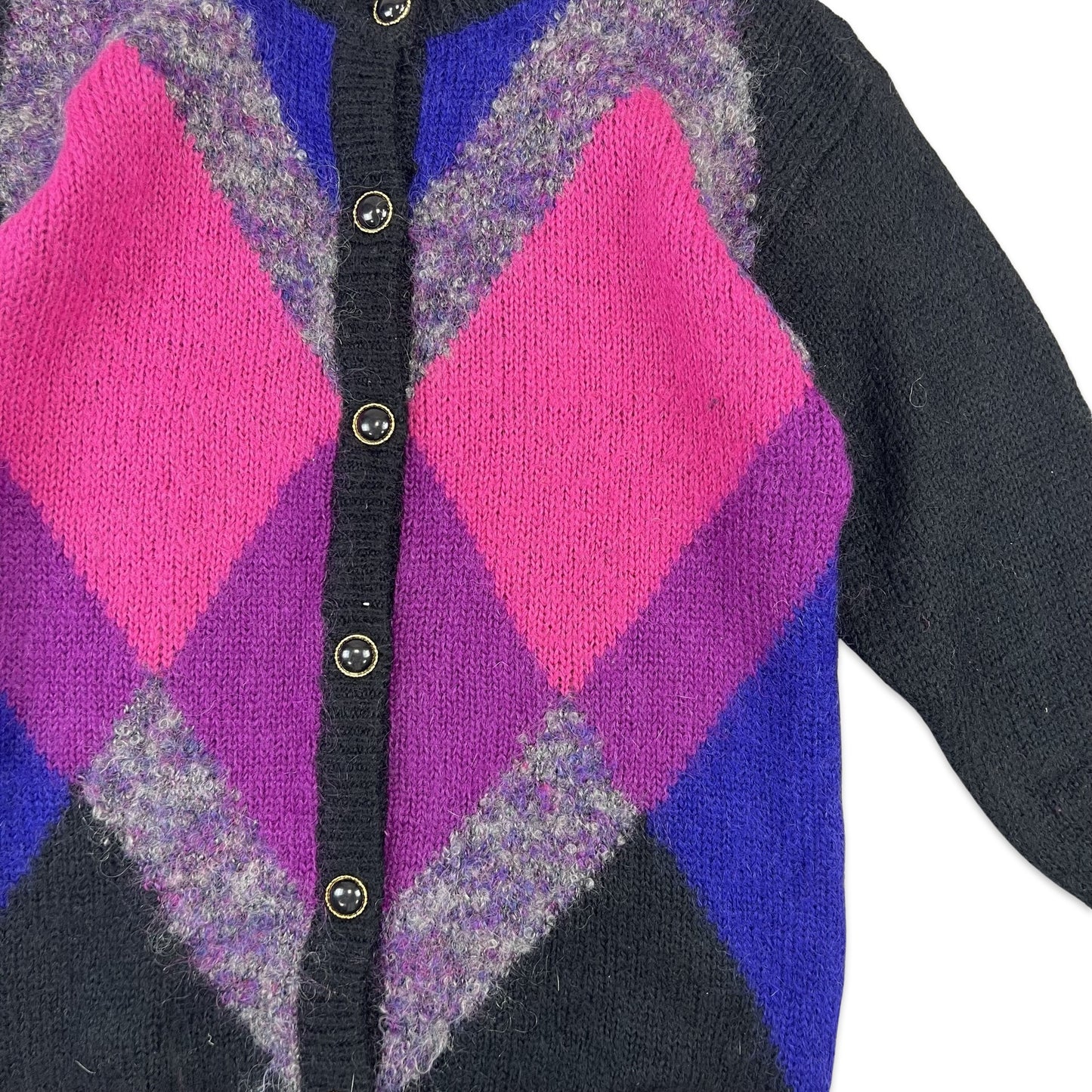 Vintage Mohair Cardigan Argyle Print Black Pink Purple 12 14