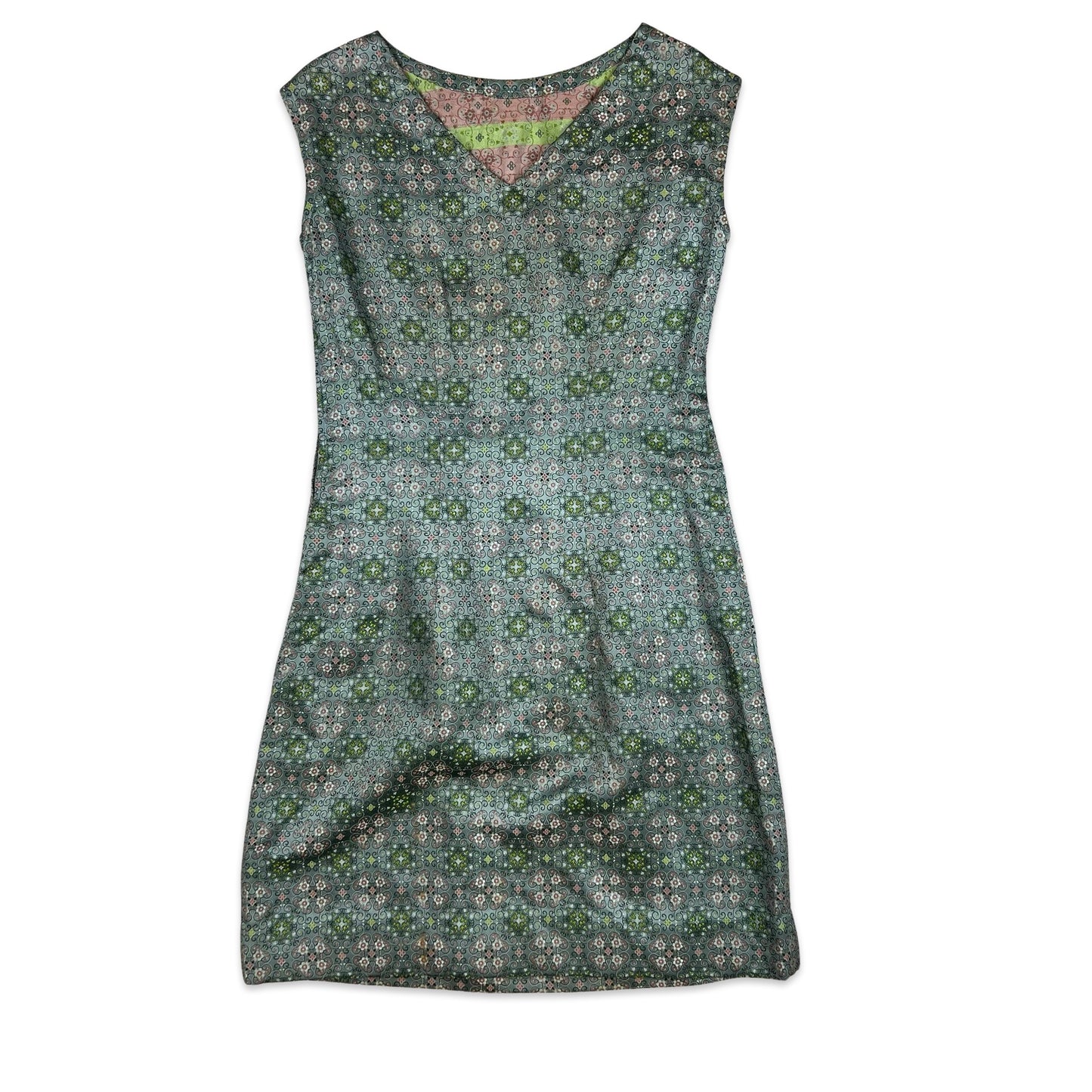 60s Vintage A Line Patterned Dress Grey Green Pink 8 10