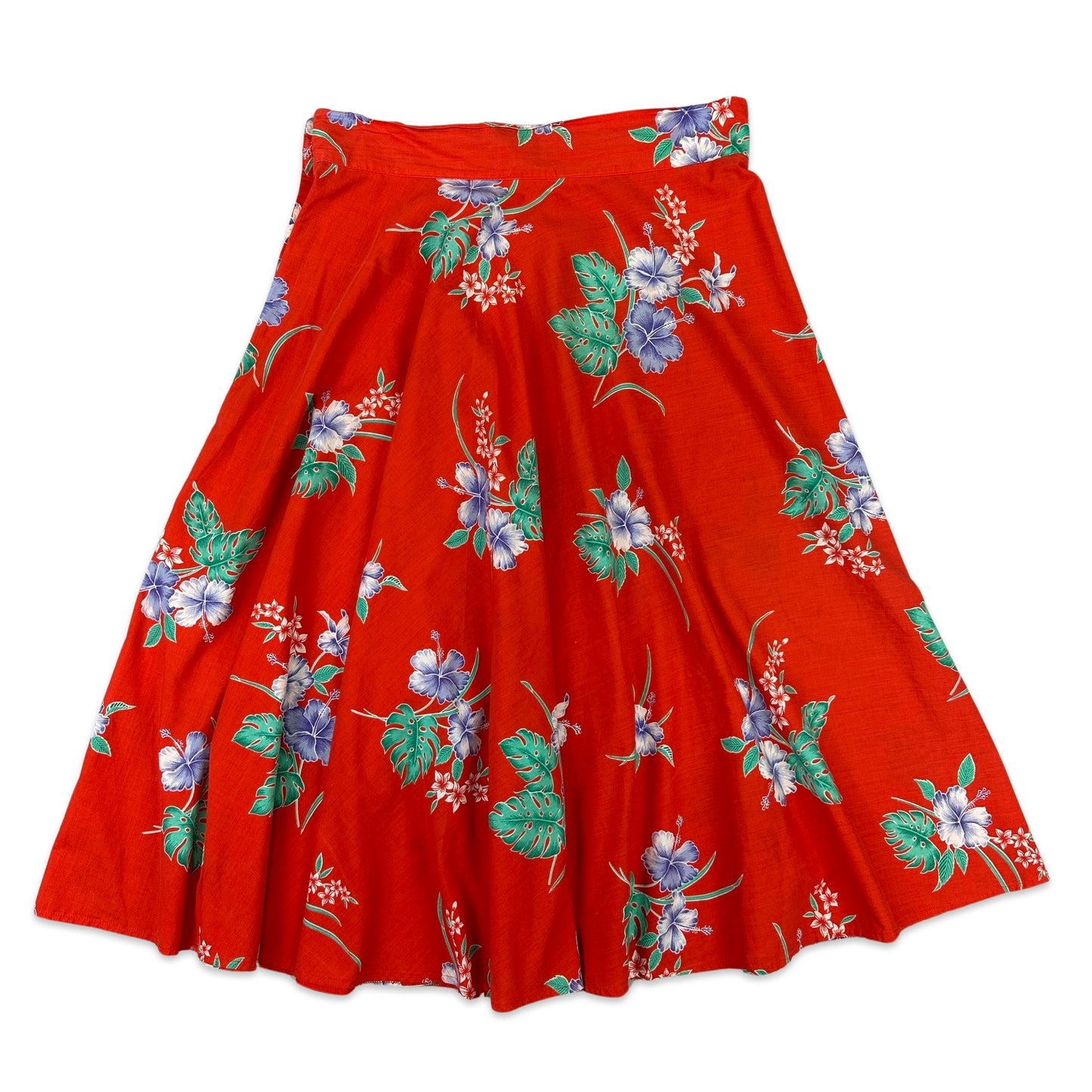90s Vintage Red Hawaiian Floral Midi Skirt 14