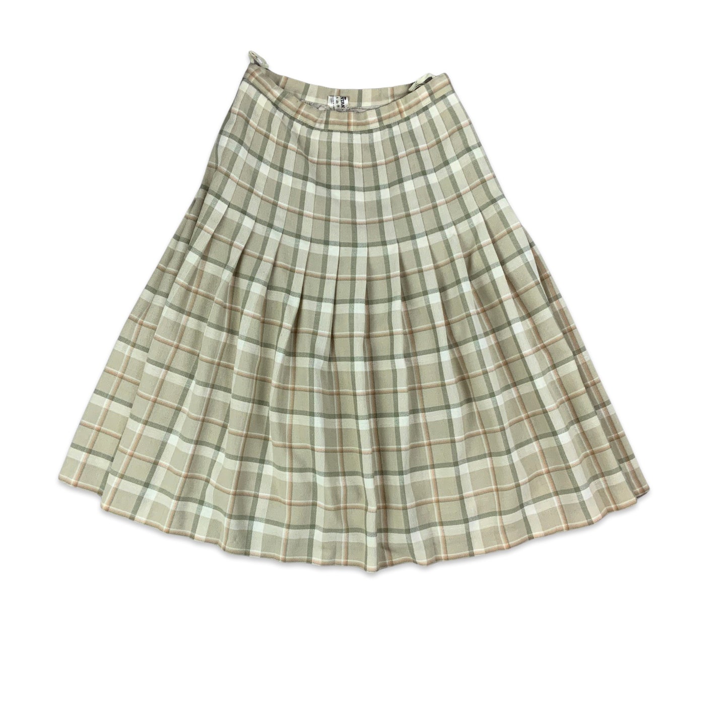 Vintage Khaki Green & Orange Check Pleated Midi Skirt 8 10