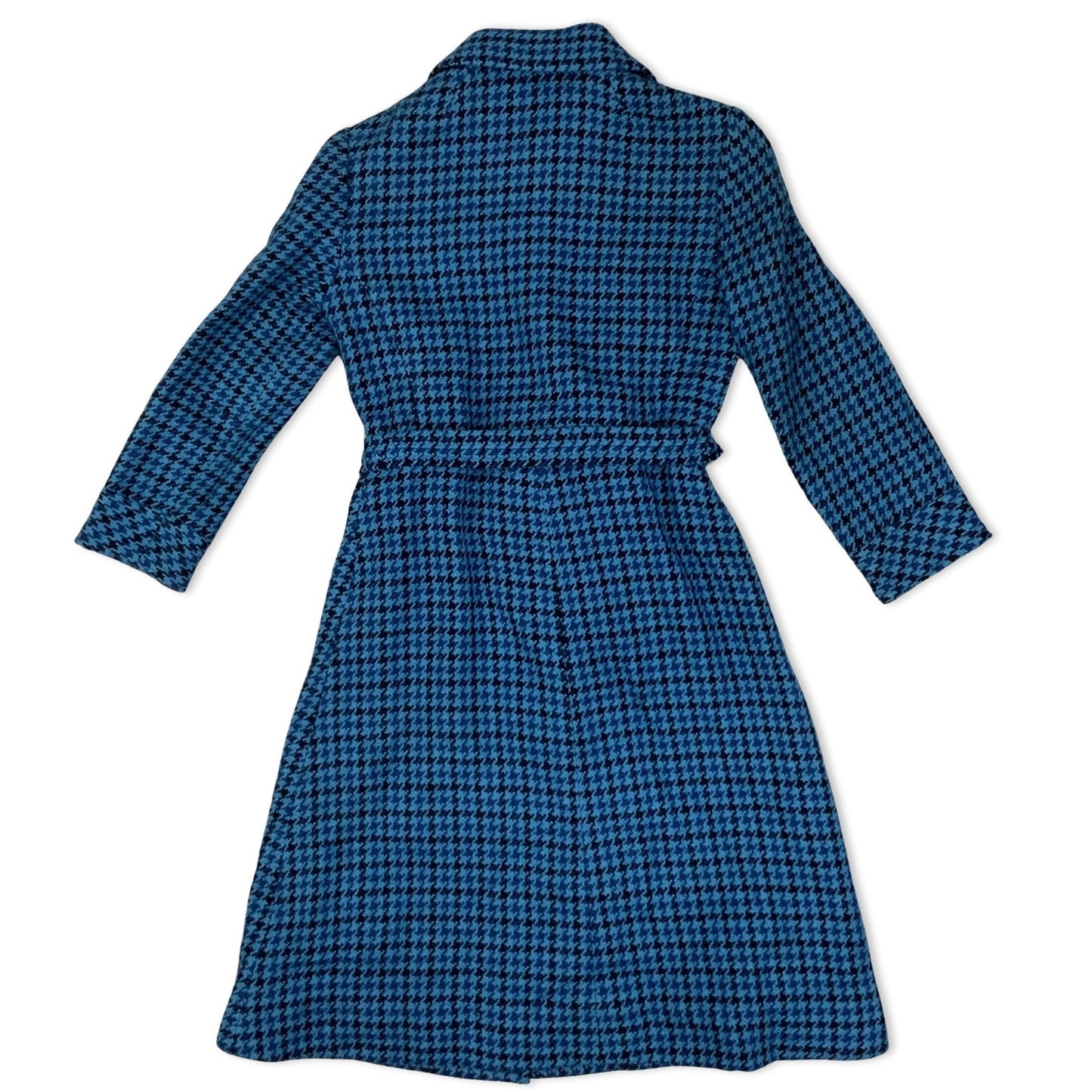 Vintage Blue Houndstooth Wool Midi Coat Belted 6 8
