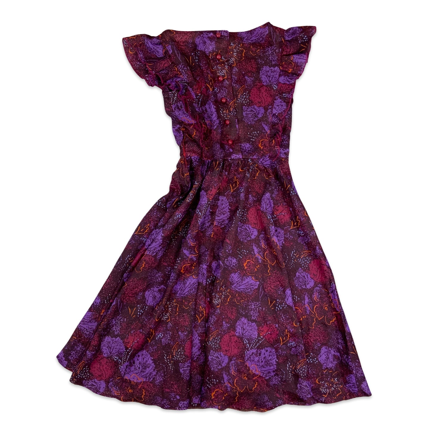 70s Vintage Floral Tea Dress Purple Orange 8 10