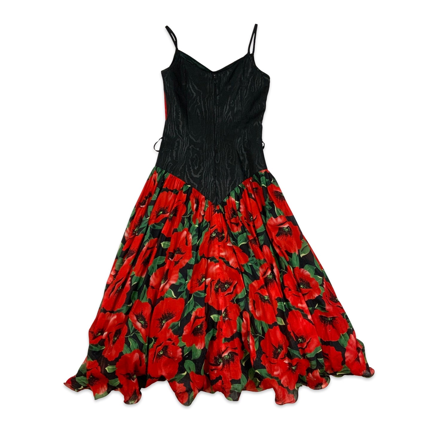 Vintage 80s 90s Party Midi  Floral Print Dress Black Red 6 8