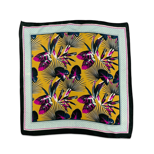 Vintage Yellow Pink Black Tropical Leaf Silk Scarf