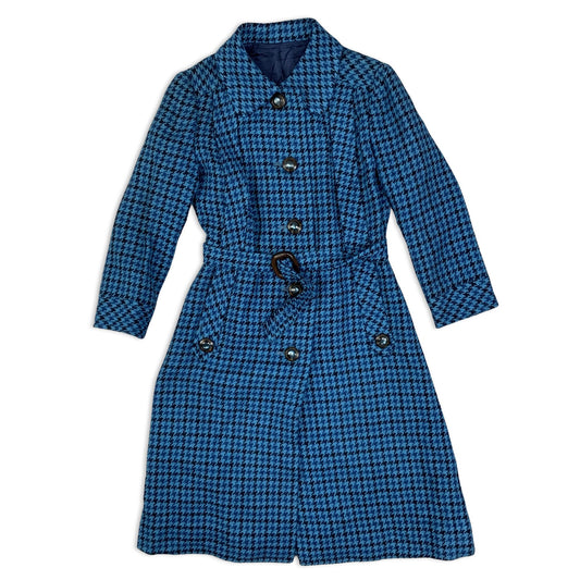 Vintage Blue Houndstooth Wool Midi Coat Belted 6 8