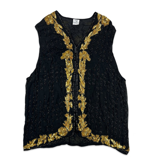 Vintage Sequin Blouse Waistcoat Black Gold 16