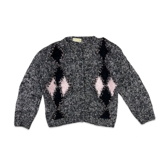 Vintage Mohair Knit Cardigan Argyle Print Grey Pink 14 16 18