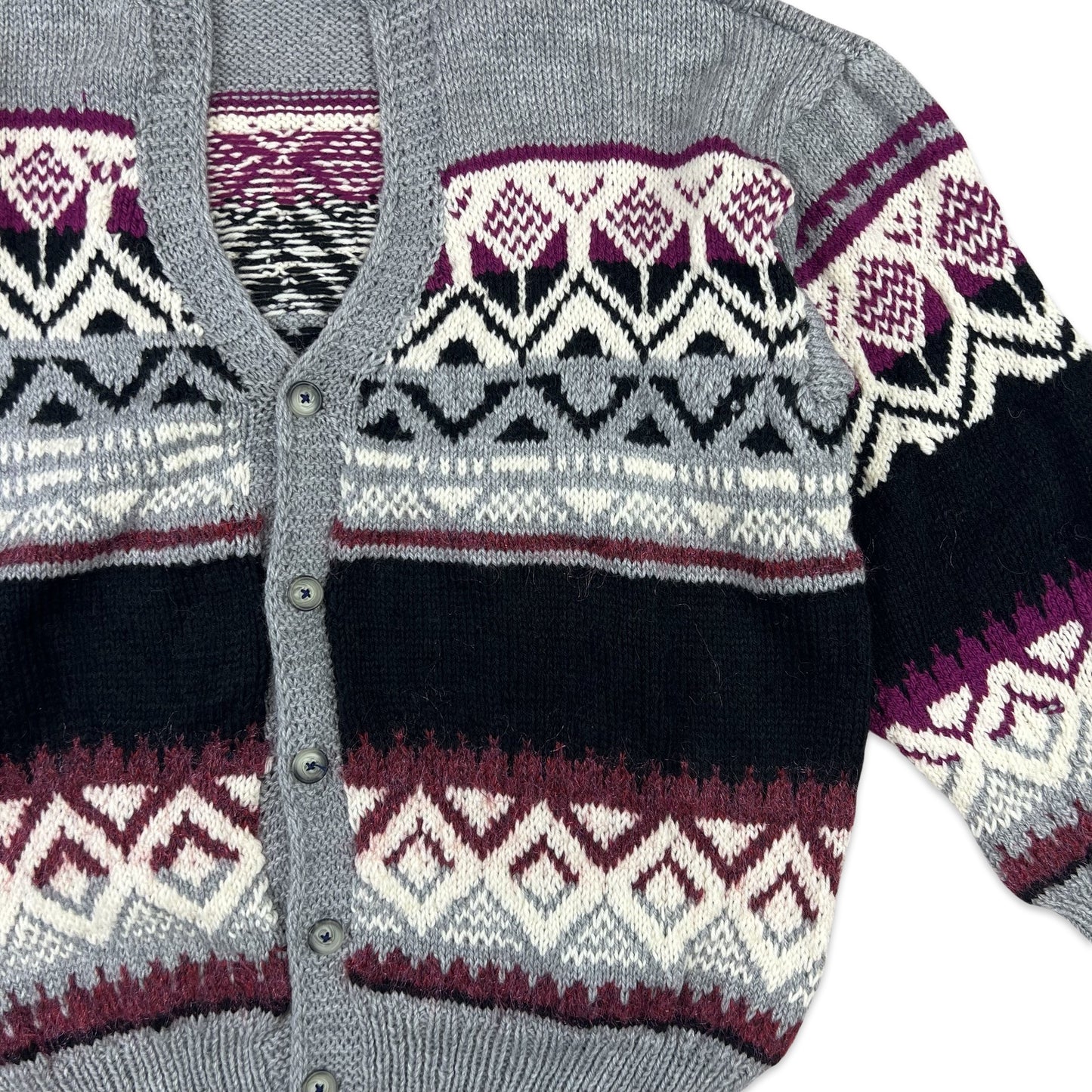 Vintage Mohair Cardigan Fair Isle Black Grey White Purple 18 20 22