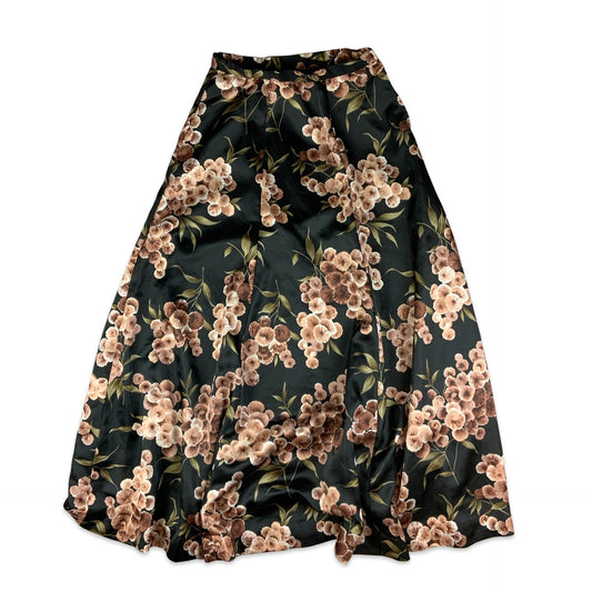 Vintage A-line Black & Brown Floral Maxi Skirt 8