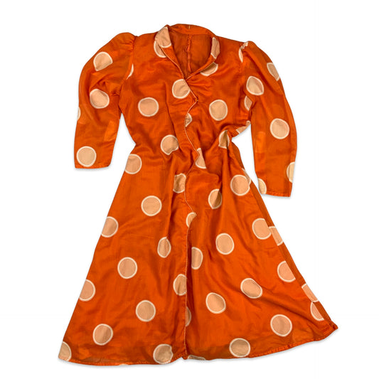 Vintage 70s Polka Dot Print Dress Orange White 10 12 14