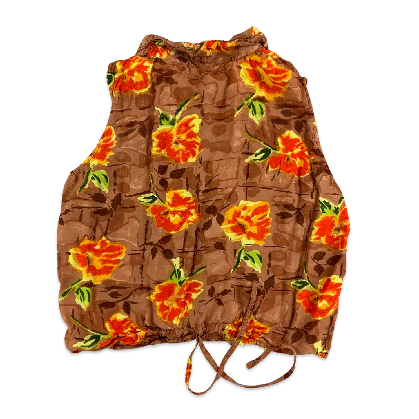 Vintage Brown and Orange Botanical Print Sleeveless Blouse 8 10