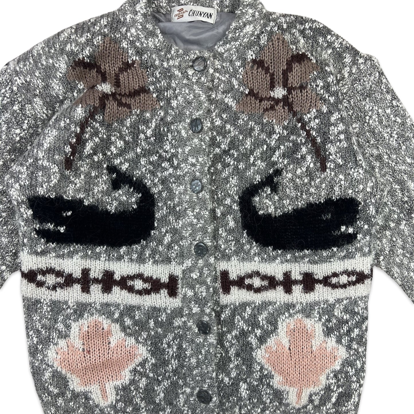 Vintage Boucle Cardigan Novelty Whale Print Grey Pink Black 16 18 20