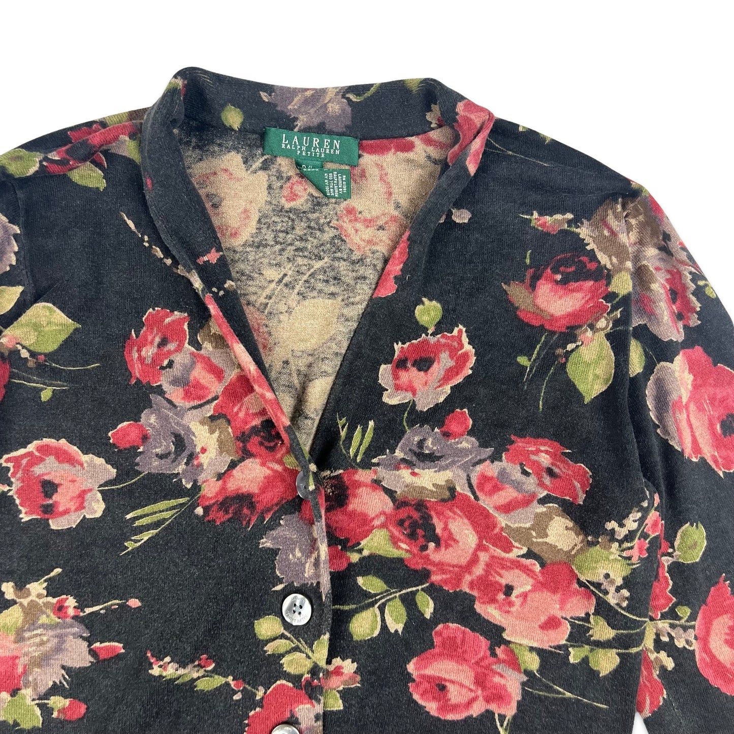 Vintage Ralph Lauren Floral Knit Cardigan Black Pink 8 10